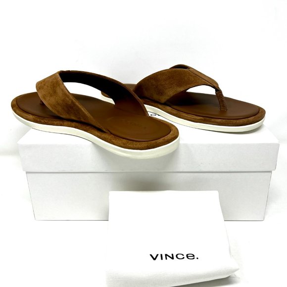 VINCE Dean Basic Leather Brown Tobacco Suede Men's Flip Flops Sandals - Picture 5 of 8